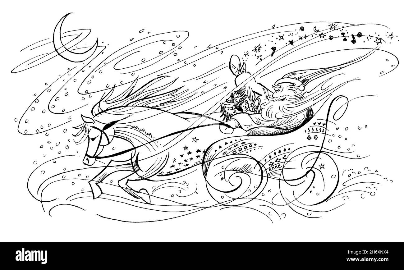 Weihnachtsmann in Pferdeschlitten Illustration Stockfoto
