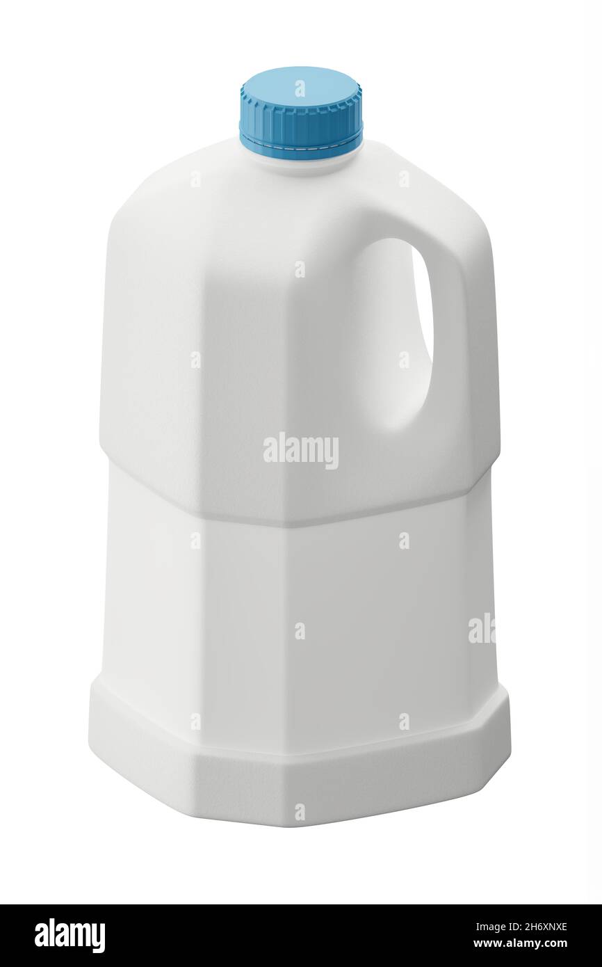 Leerer weißer Kunststoffbehälter mit Griff und blauer Kappe isoliert auf weißem Hintergrund. Für verschiedene Flüssigkeiten, Milch, Getränke, Öl, Wasser, Reinigungsmittel. Stockfoto