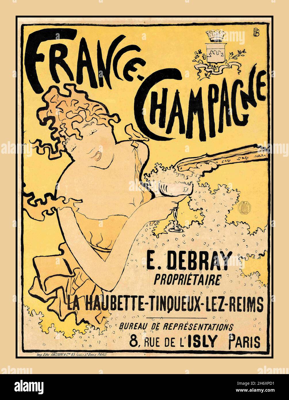 FRANKREICH CHAMPAGNER BONNARD Vintage Art Deco ‘France Champagne’ La Haubette-Tinqueux- Le Reims Poster in einem extravaganten Art Deco Pariser Stil Künstler Pierre Bonnard (1867–1947) Plakat-Kunstwerbewerbung für Debray Champagne, 1891 Stockfoto