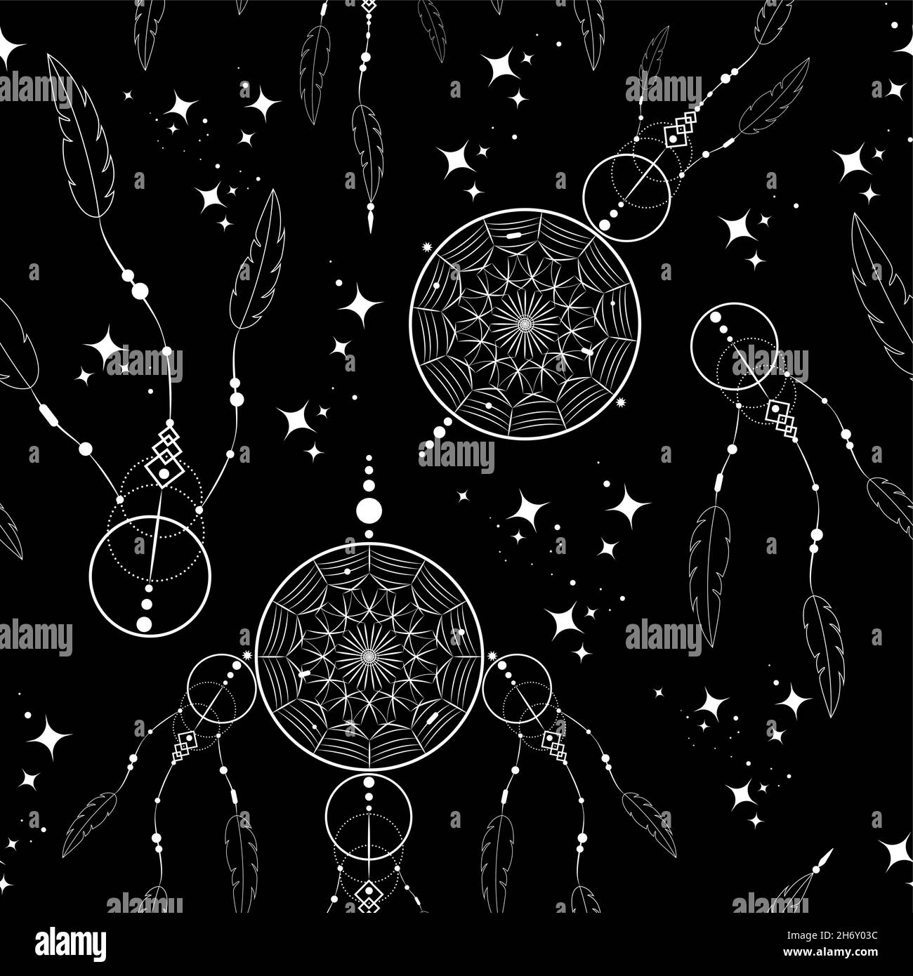 Dreamcatcher Doodle nahtloses Muster, Mandala Ornament und magische Sterne. Mystisches Symbol, ethnische Kunst mit indianischem Boho-Stil Stock Vektor
