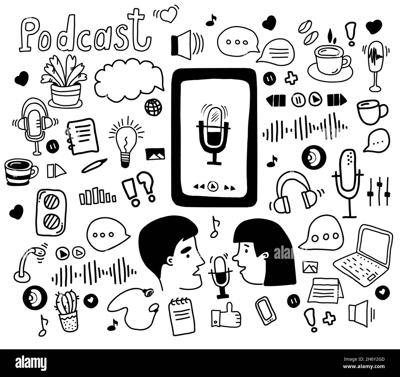 Podcast Skizzenkonzept. Podcaster Mann und Frau Aufnahme und sprechen ins Mikrofon. Großer Satz von Vektorgrafiken im handgezeichneten Doodle-Stil Stock Vektor