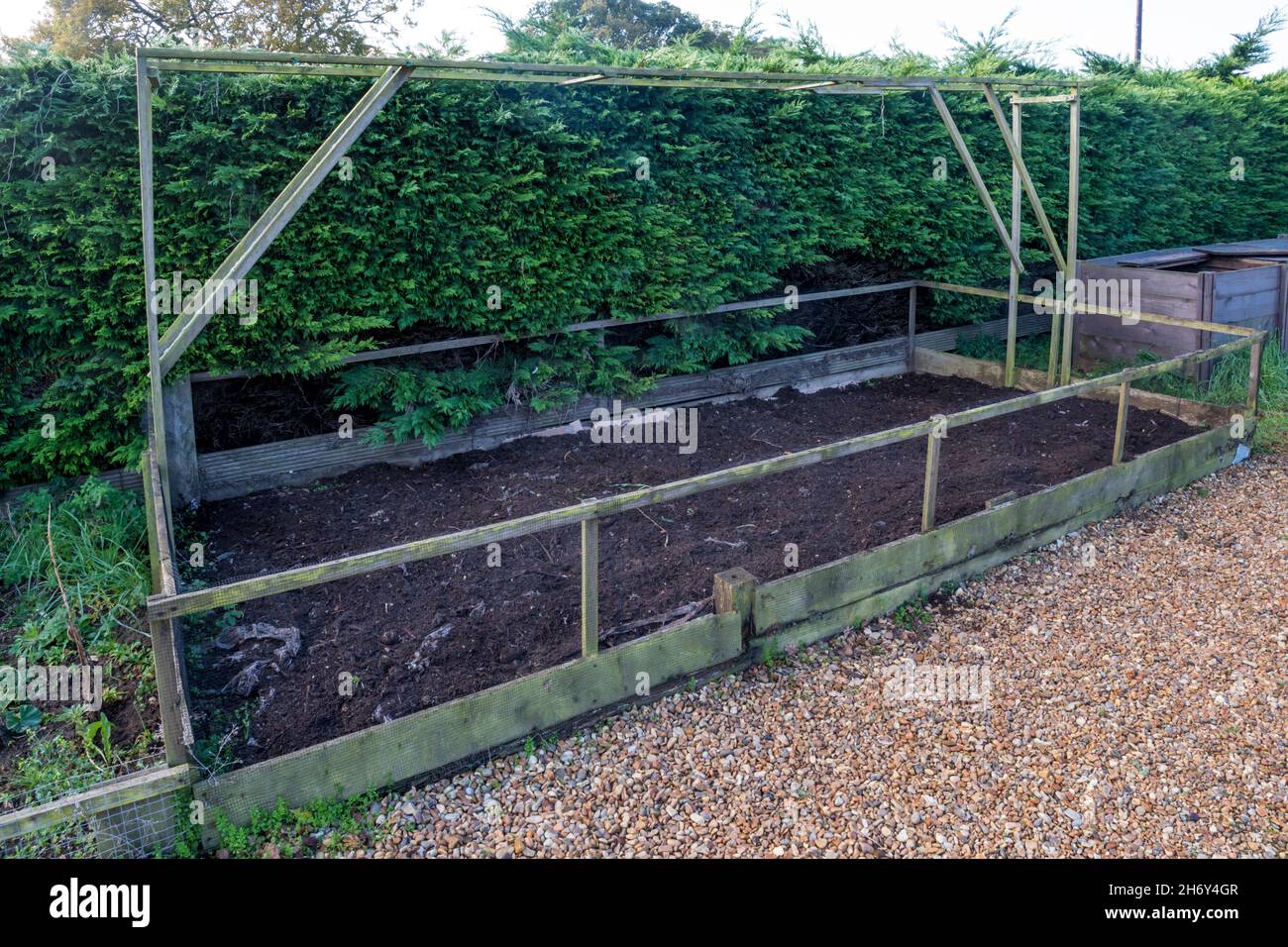 Keine Gartenarbeit. Gemüseplot mit Pappe und Schicht von Kompost Mulch bedeckt, um Unkraut zu unterdrücken und den Boden zu verbessern bereit für die Pflanzung im nächsten Frühjahr. Stockfoto