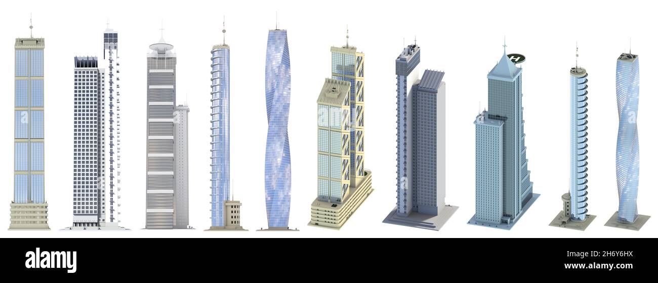 10 verschiedene Seitenansicht sehr detaillierte Darstellungen von fiktionalem Design abstrakte Wolkenkratzer mit blauen Himmelsreflexen - isoliert, 3D Illustration von architecc Stockfoto