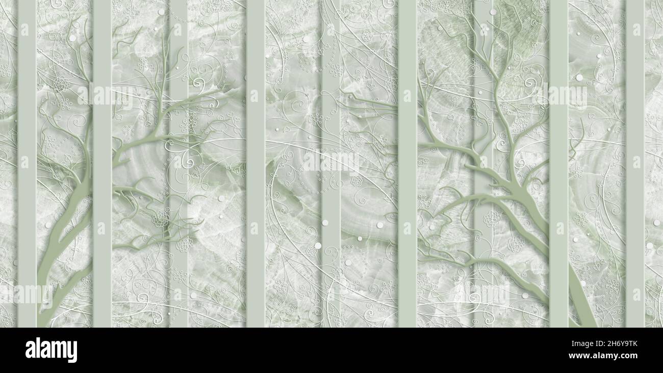 3D Tapete, Baumzweig, blassgrüner Marmorboden, senkrechte Streifen Stockfoto
