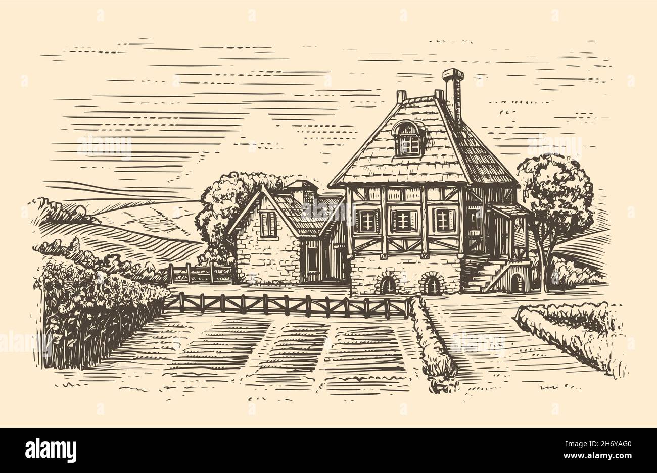 Ländliche Landschaft mit altem Bauernhaus und Garten. Landhaus handgezeichnete Illustration im Vintage-Stil Stock Vektor