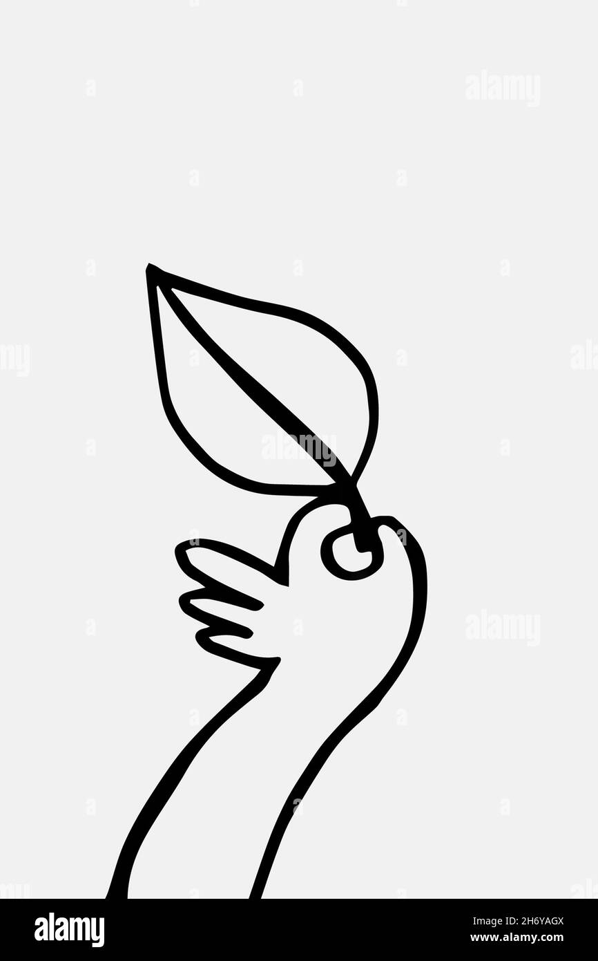 Linienkunst eines Blattes in der Hand Stockfoto