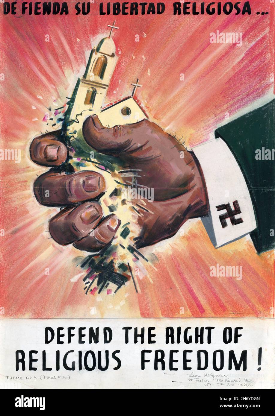 VERTEIDIGEN SIE DAS RECHT AUF RELIGIONSFREIHEIT ! Amerikanisches Propagandaplakat um 1943, entworfen vom mexikanisch-amerikanischen Werbekünstler Leon Helguera Stockfoto