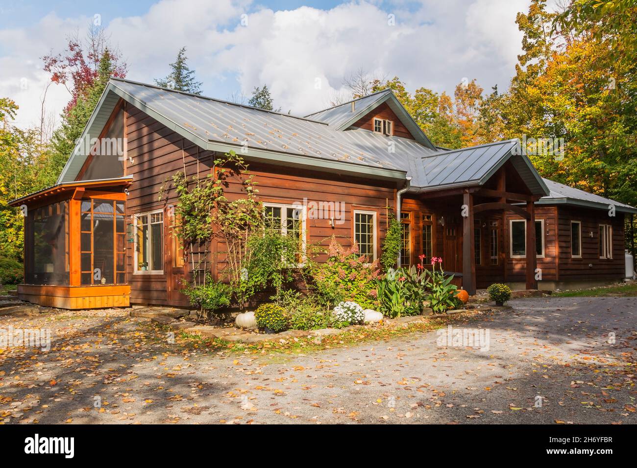 Dunkelbraun gebeizt östlichen weißen Kiefer verkalzt und B.C. Fir Holzrahmen Hausfassade mit Silber stehende Naht Blechdach im Herbst Stockfoto