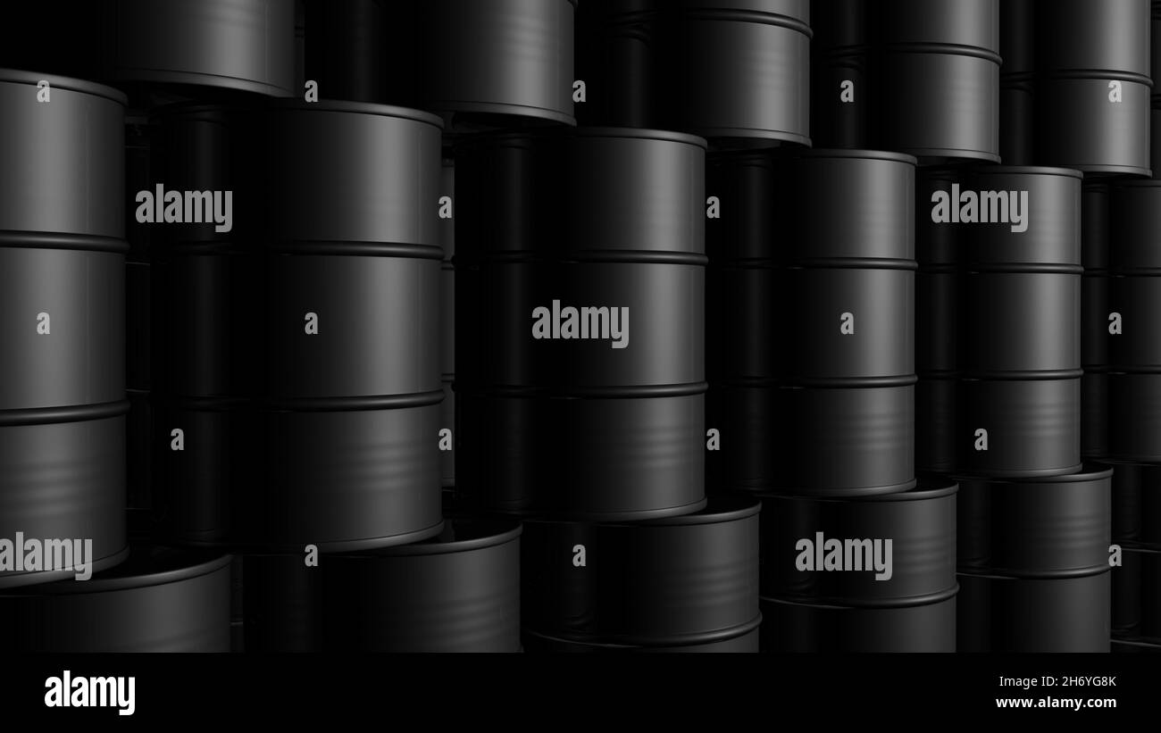 Schwarze Ölfässer. Hintergrund. 3D Abbildung. Stockfoto
