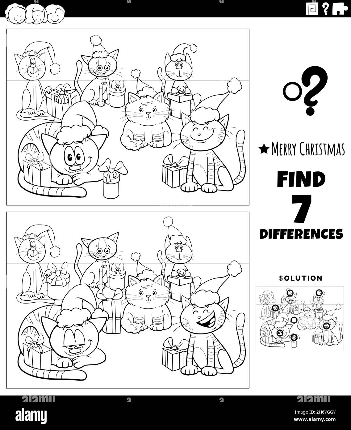 Schwarz-Weiß-Cartoon-Illustration der Suche nach Unterschieden zwischen Bildern Lernspiel für Kinder mit lustigen Katzen Charaktere auf Weihnachten tim Stock Vektor