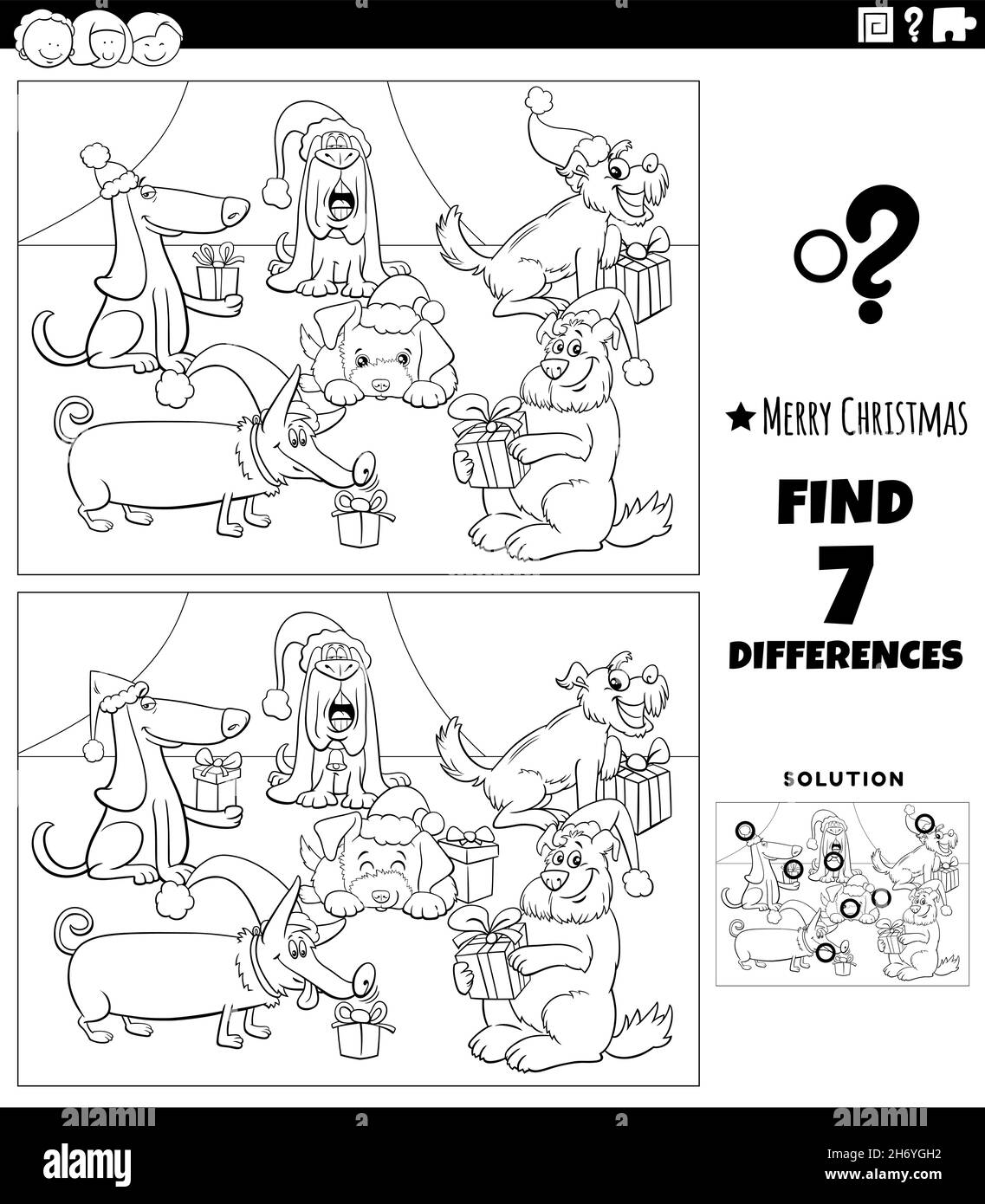 Schwarz-Weiß-Cartoon-Illustration der Suche nach Unterschieden zwischen Bildern Lernspiel für Kinder mit lustigen Hunden Zeichen auf Weihnachten tim Stock Vektor