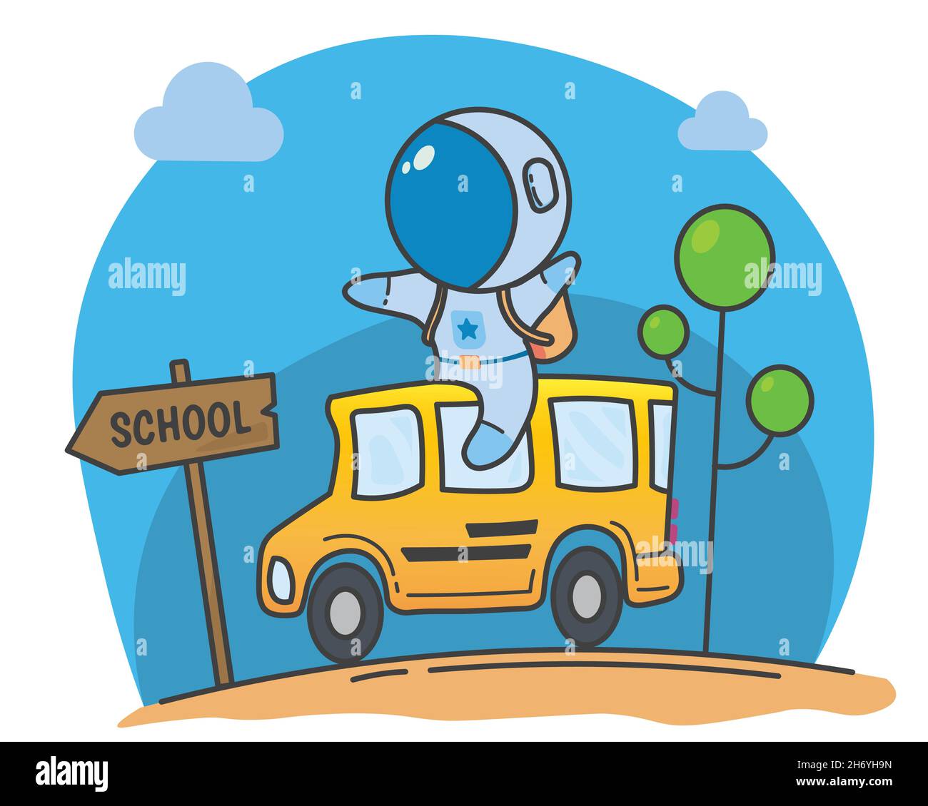 Vektor-Illustration von niedlichen Astronaut geht zur Schule auf dem Schulbus. Zurück zur Schule und Studium mit einem Klassenkameraden Stock Vektor