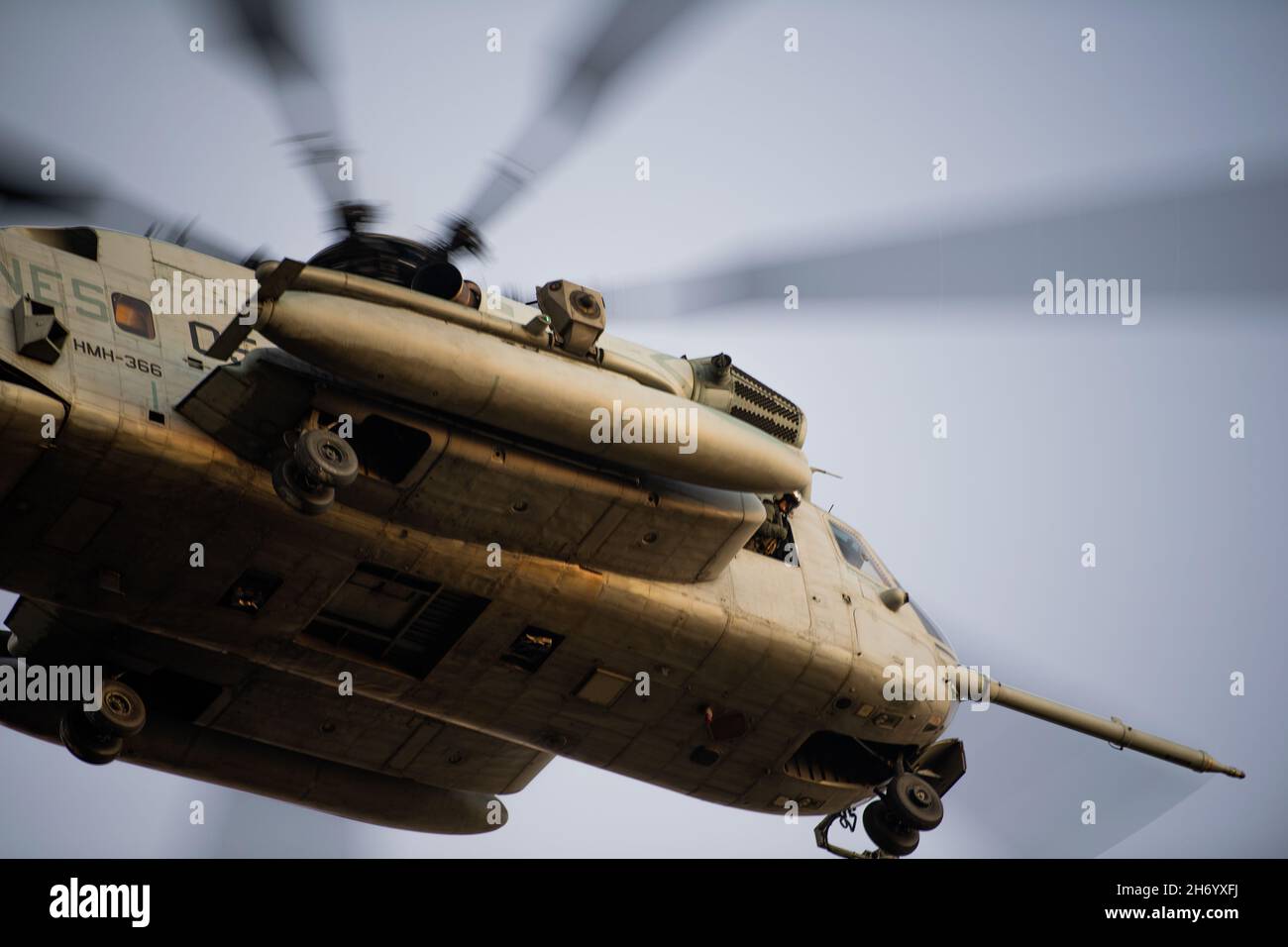 Ein Hubschrauber des Marine Corps CH-53 „Sea Hengst“ landet in der Bemiss Drop Zone auf der Moody Air Force Base, Georgia, 16. November 2021. 820th Base Defence Group Airmen führten zusammen mit Soldaten der Nationalgarde der Georgia Army und Mitgliedern des Marine Corps CH-53 Hubschrauber-Teams Flugoperationstrainings durch, um Taktiken, Techniken und Verfahren aus drei militärischen Bereichen auszutauschen und die Fähigkeiten der gemeinsamen agilen Einsatzmission zu stärken. (USA Luftwaffe Foto von 1st LT. Katie Tamesis) Stockfoto