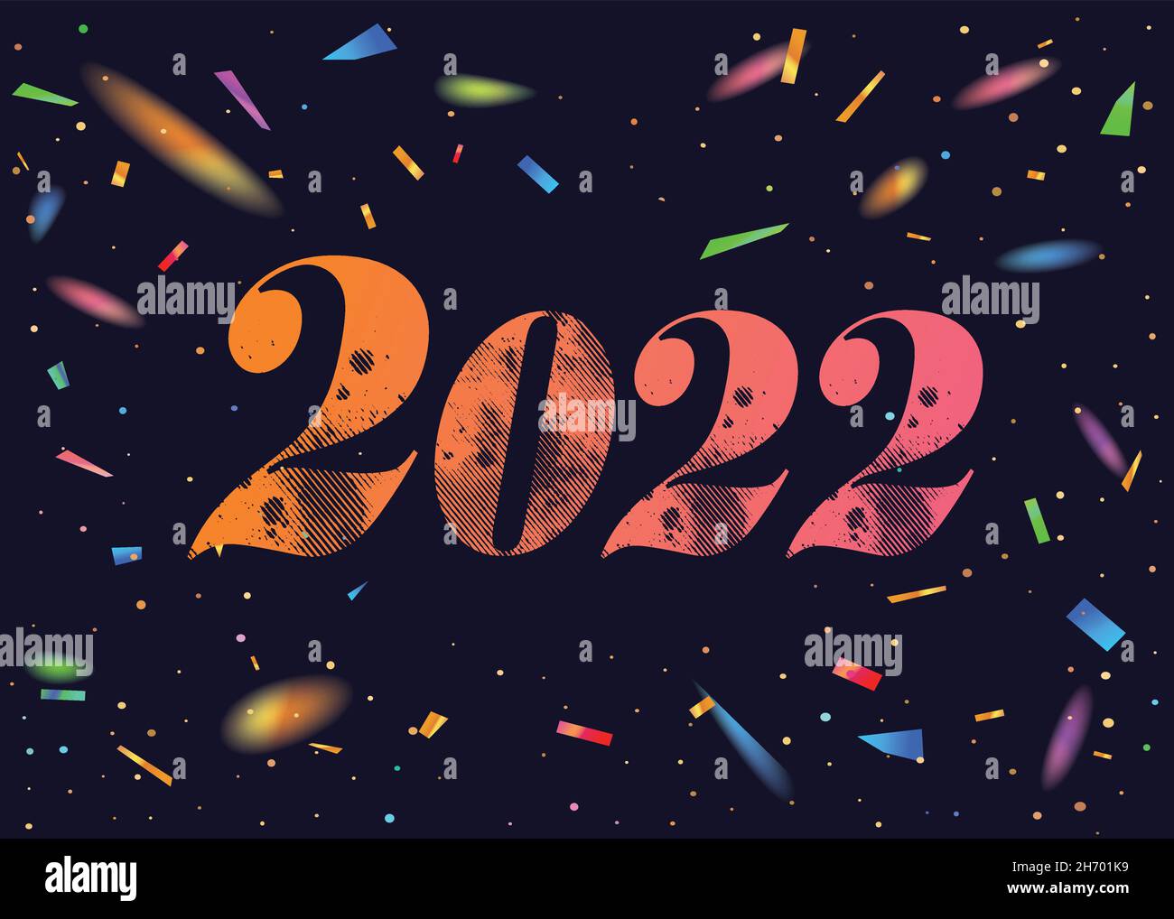 Die Vector dunkle Party Vorlage Hintergrund mit der Zahl 2021 Jahr und bunten Festival Regenbogen Konfetti Stock Vektor