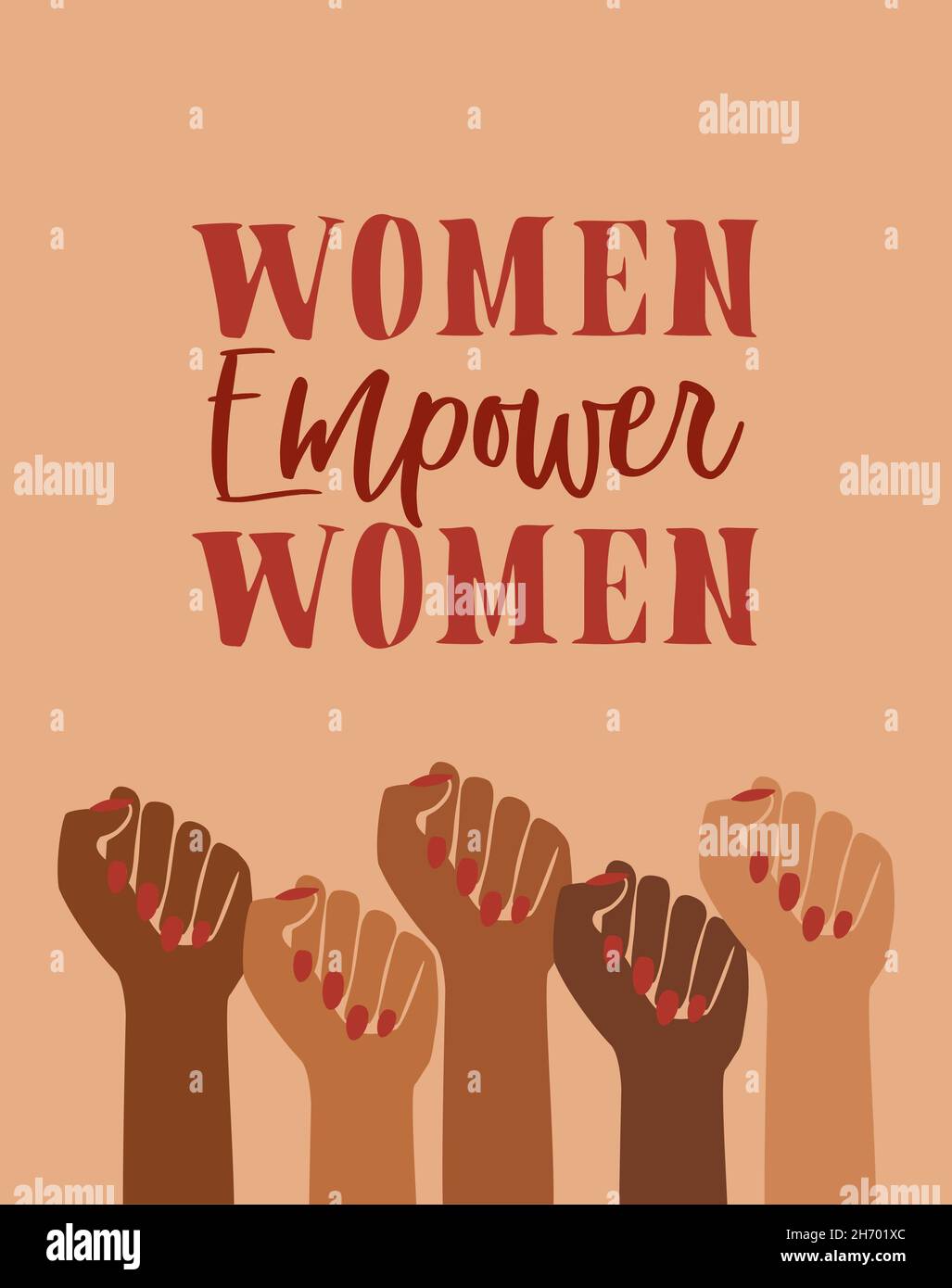 Frauen befähigen, weibliche Empowerment, braune Macht, feministisch, feministischer Stolz, Hände mit der Faust angehoben, Retro-Grafikdesign, Geschlechtergleichstellung Thema starke Frauen, Stockfoto