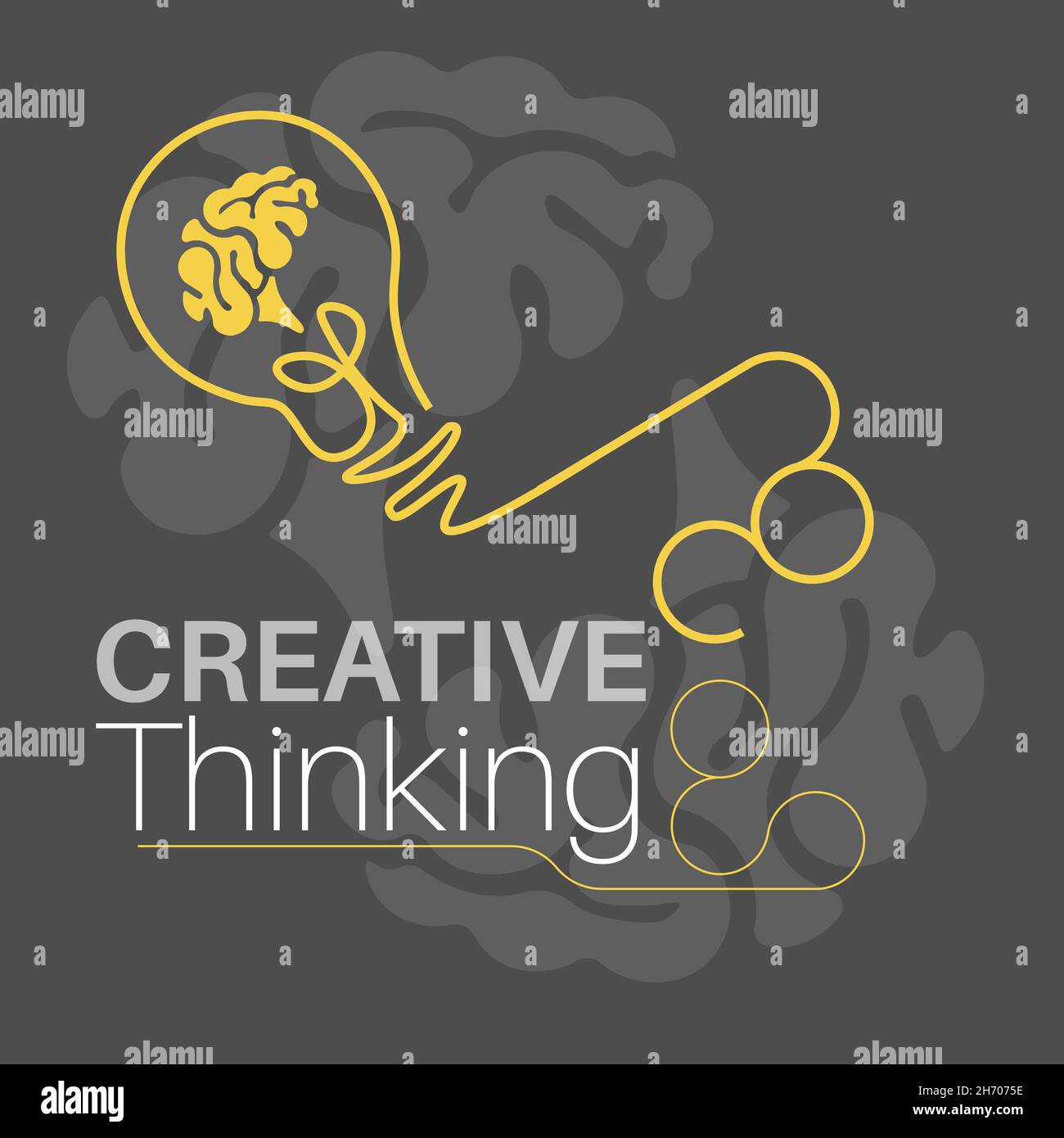 Kreatives Denkkonzept mit Glühbirne und Gehirn auf grauem Hintergrund. Symbolik der Kreativität und des kreativen Denkens. vektordarstellung. Stock Vektor
