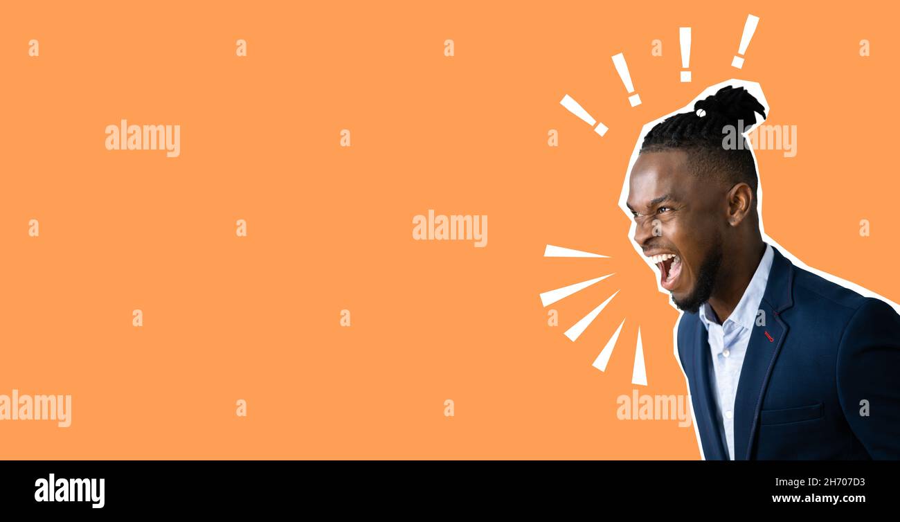 Schreiender Afroamerikanischer Mann Kündigt Collage-Anzeige An Stockfoto