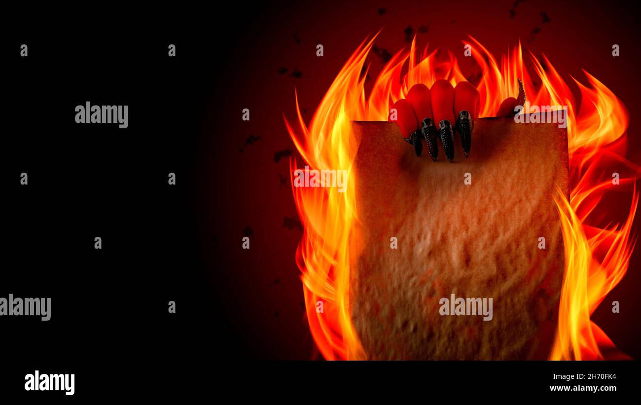 Pakt, um Ihre Seele an Luzifer zu verkaufen, schlagen eine Faustian Schnäppchen oder befassen sich mit dem Teufel Konzept Thema mit Satan hält in gruseligen hässlichen roten Hand mit poin Stockfoto