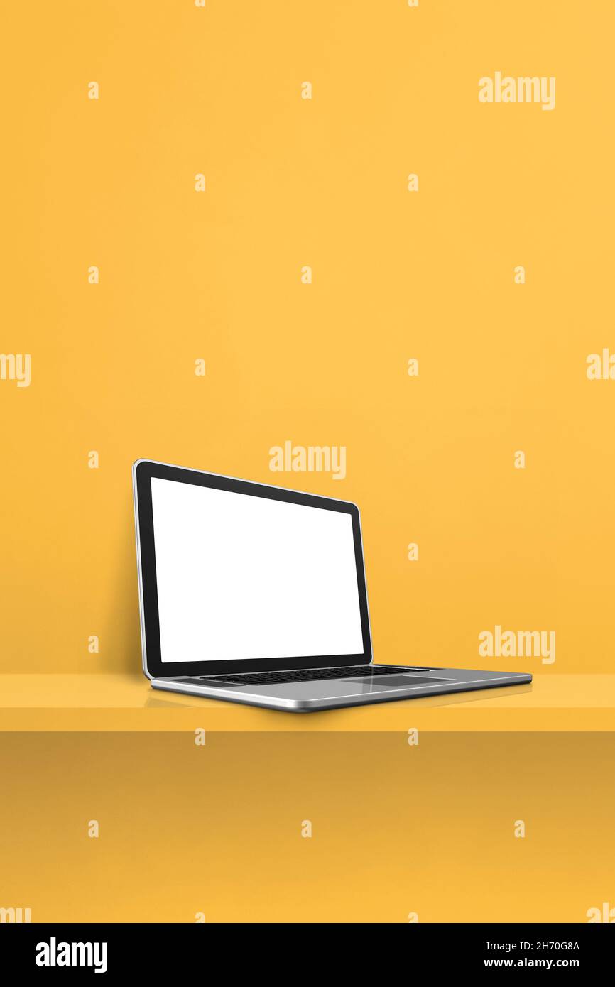 Laptop-Computer auf gelbem Regal. Vertikaler Hintergrund. 3D Abbildung Stockfoto