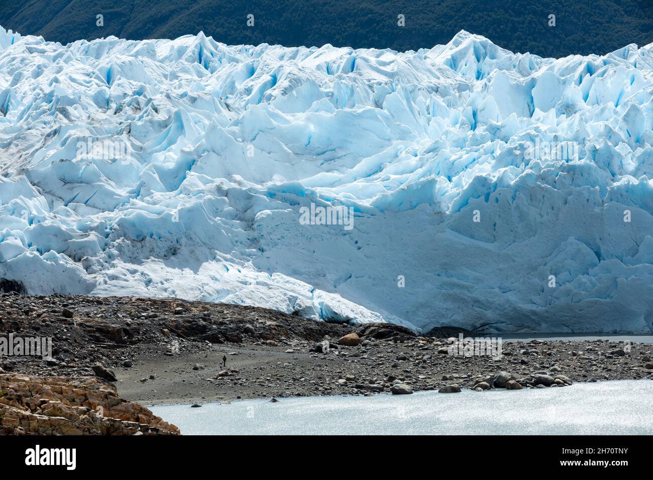 LOS GLACIARES NATIONALPARK, ARGENTINIEN - 26. JANUAR 2019: Eine Person geht zum Perito Moreno Gletscher Stockfoto