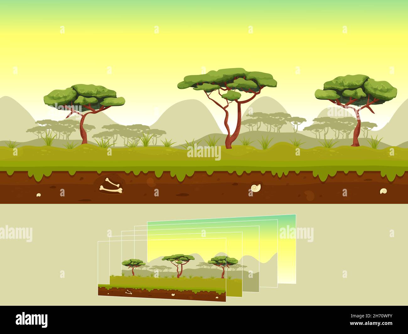 Parallax Wald Fantasy-Landschaft mit Baumgras, Himmel, Boden nahtlos in Cartoon-Stil. Tropische warme Szene. UI-Spielhintergrund, horizontal. Vektorgrafik Stock Vektor