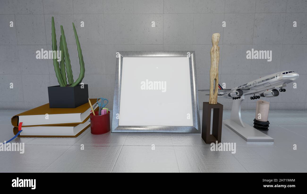 Silberner Fotorahmen auf einem weißen Tisch - Inneneinrichtung mit Platz für Kopien - Abbildung 3D Stockfoto