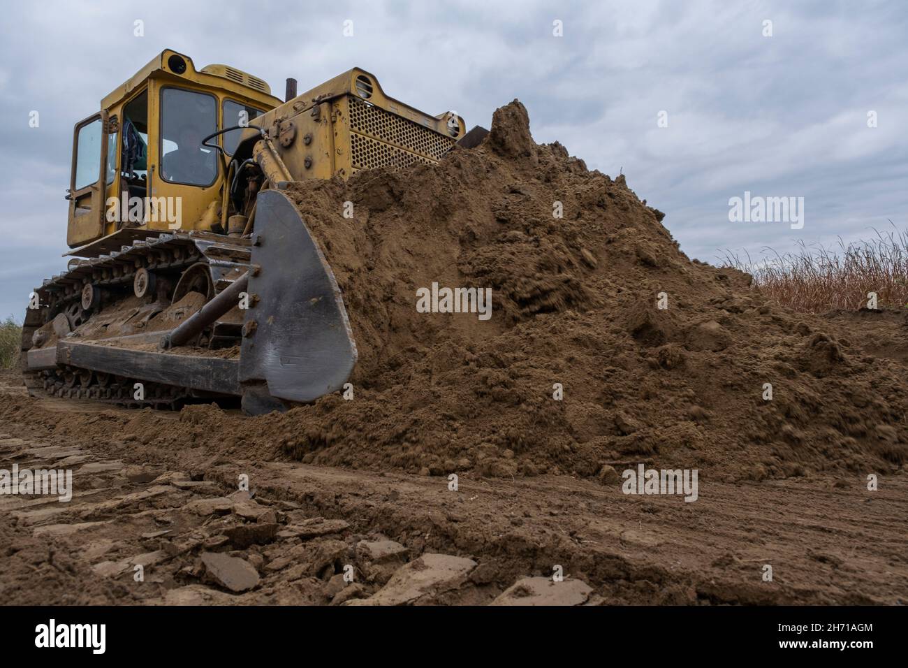 Bul'dozer entfernt den Damm im Donaudelta. Nahaufnahme Stockfoto