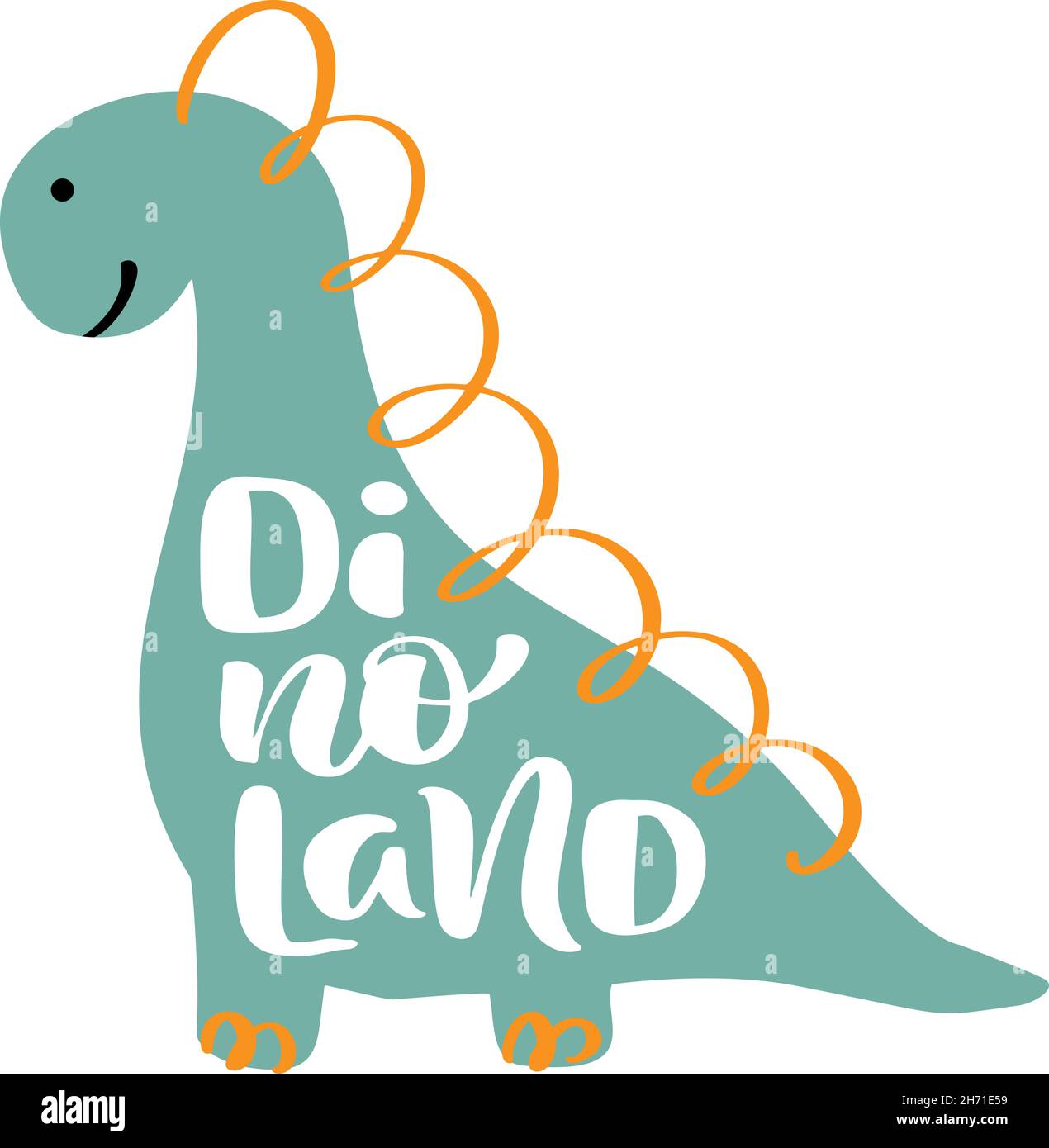 Dino Baby niedlichen Druck. „Boy“-Schriftzug mit Schriftzug „Dinoland“. Coole Illustration für T-Shirt, Kinderkleidung, Einladung. Einfaches skandinavisches Kinderdesign Stock Vektor