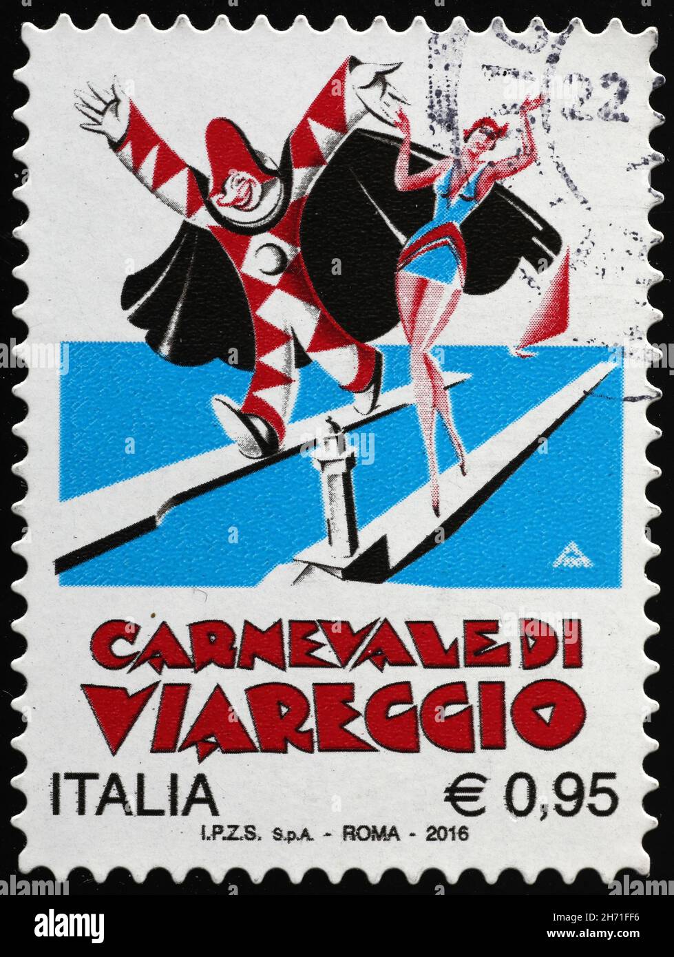 Karneval von Viareggio auf italienischer Briefmarke Stockfoto