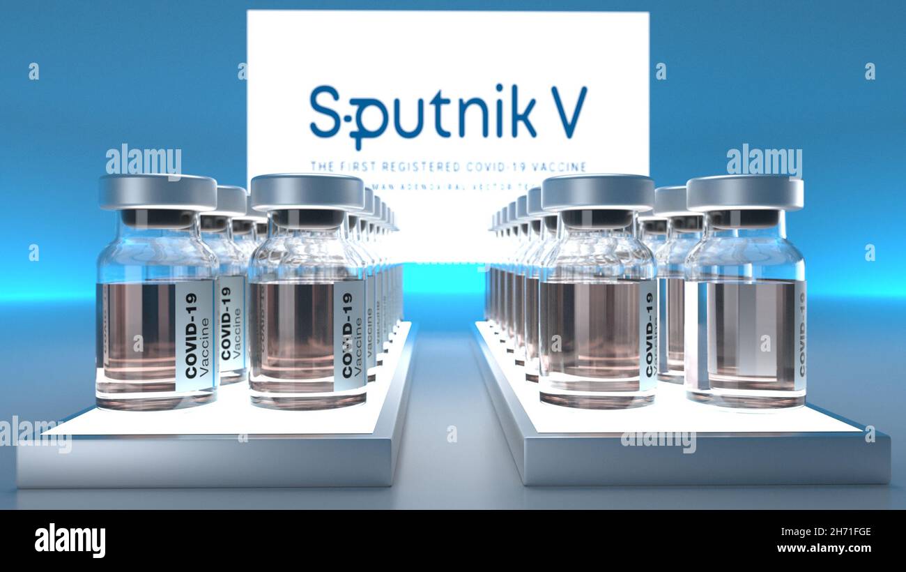 ATHEN, GRIECHENLAND – 23. Oktober 2021: Eine Nahaufnahme von Sputnik V covid 19 Impfstoffflaschen. Stockfoto