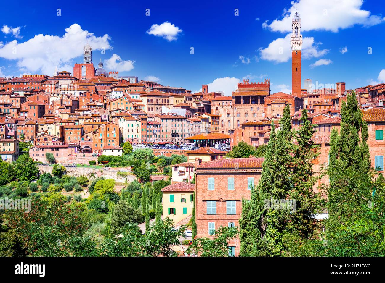 Siena, Italien. Sommerlandschaft von Siena, eine schöne mittelalterliche Stadt in der Toskana, Sonnenuntergang über Torre del Mangia Stockfoto