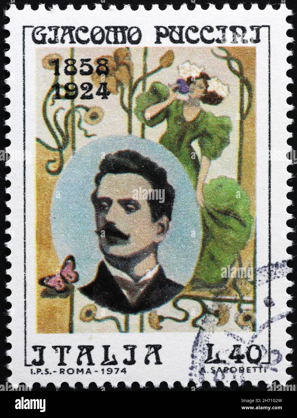 Großer italienischer Komponist Giacomo Puccini auf Briefmarke Stockfoto