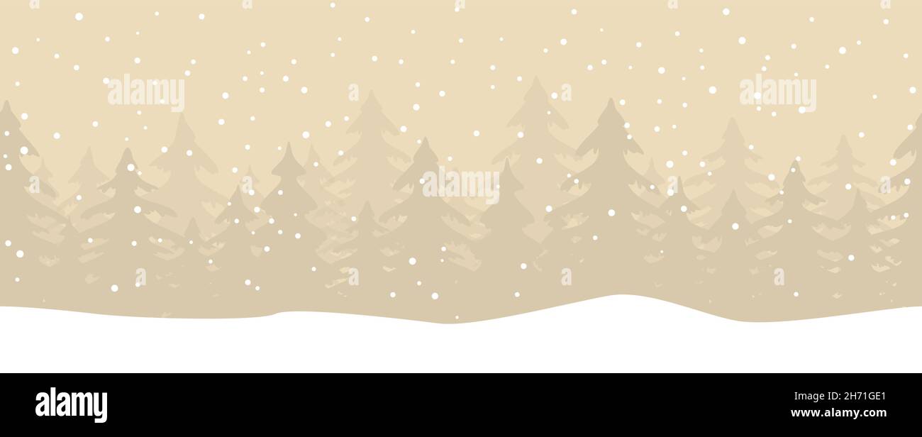 EPS 10 Vektorgrafik zeigt weihnachtliche Naturlandschaft im Hintergrund mit Schneefeldern, Tannen, fallendem Schnee und gelbem Hintergrund Stock Vektor