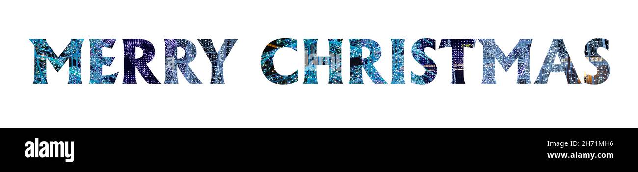 Frohe Weihnachten Grüße Worte. Text auf weißem Hintergrund isoliert. Beleuchtetes Element für festliches weihnachtsdesign Stockfoto