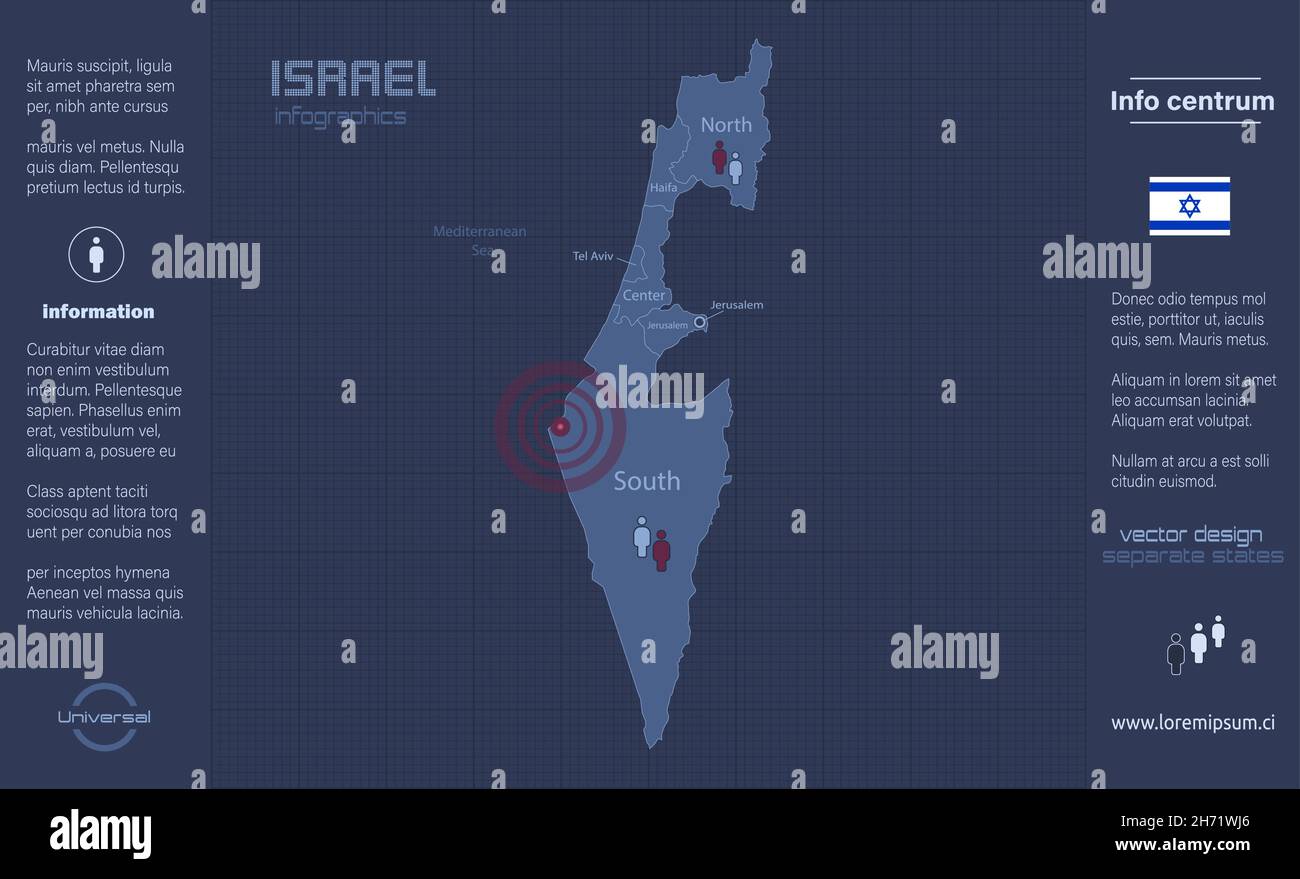 Israel-Karte, separate Regionen mit Namen, Infografiken blau flach Design-Vektor Stock Vektor