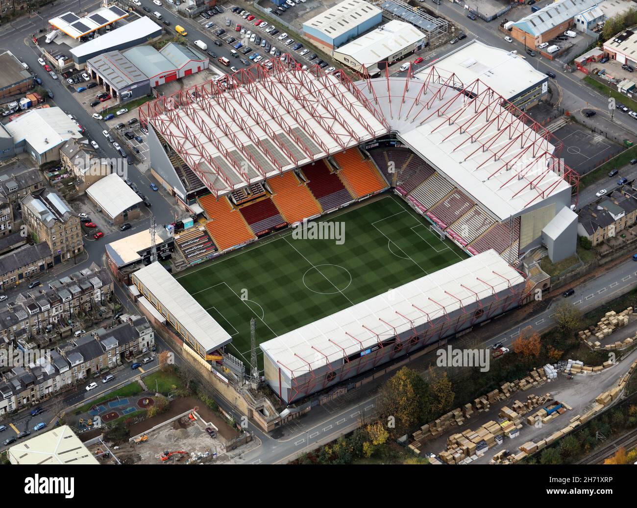 Luftaufnahme der Valley Parade, der Heimat des Bradford City Football Club, West Yorkshire Stockfoto