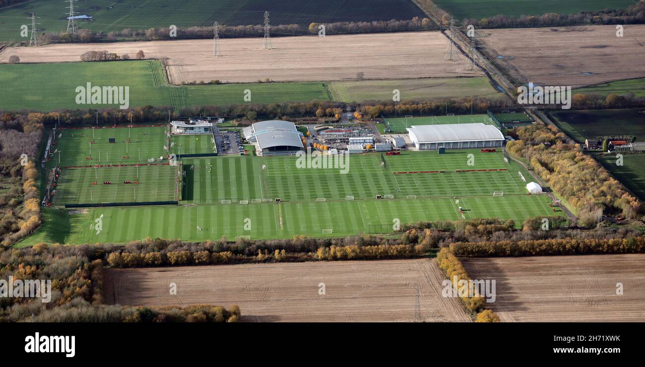 Luftaufnahme des Trainingsgelände von Manchester United in Carrington bei Manchester Stockfoto