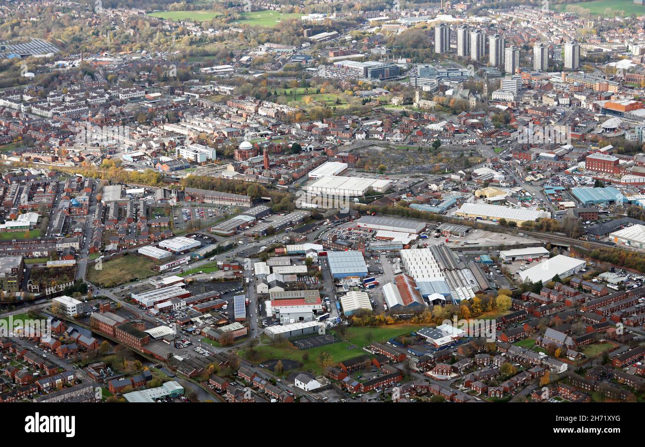Luftaufnahme der Skyline von Rochdale mit dem Scotts Industrial Park Stockfoto