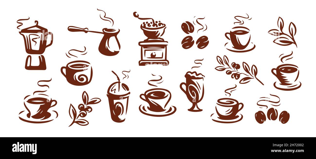 Kaffee-Logo, Emblem-Set-Design. Handgezeichnete Vektorgrafik Stock Vektor