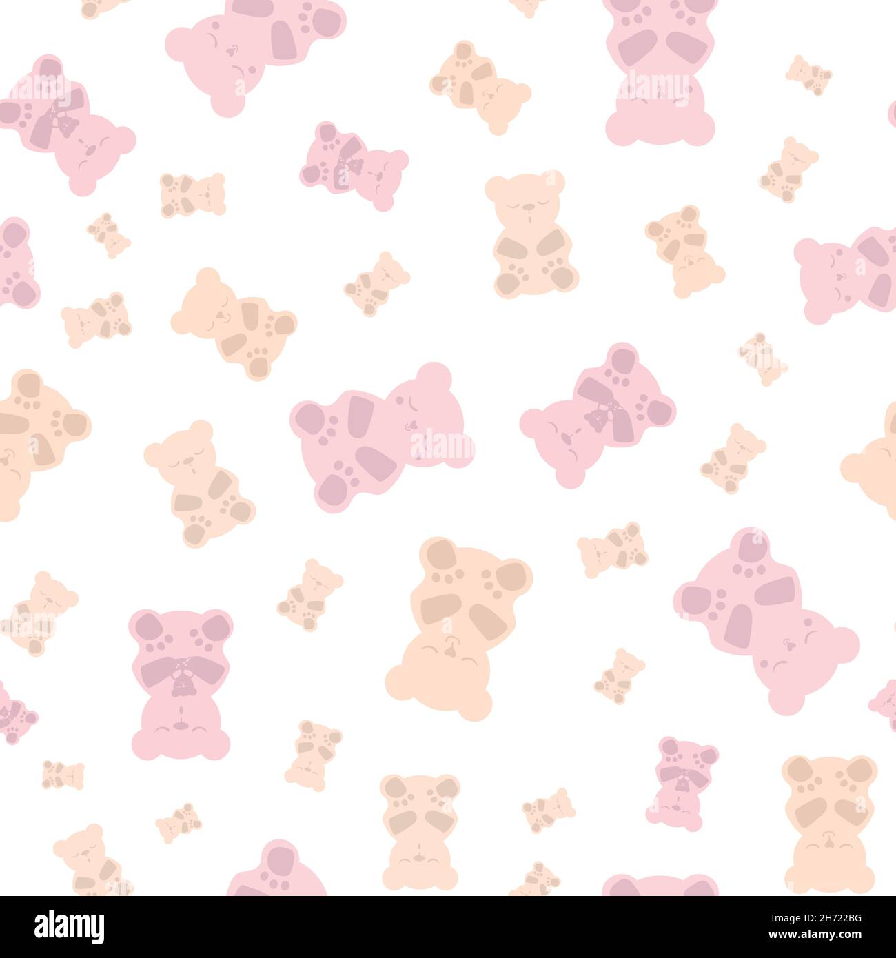 Schlafgummis Vektor nahtlose Muster Hintergrund. Hintergrund mit Gummibären in pastellrosa-gelbem Weiß. Niedliche Kawaii-Charaktere zum Schlafen Stock Vektor