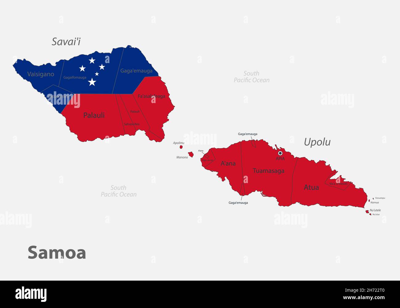 Karte des Samoa in den Farben der Flagge mit administrativen Aufteilungen Vektor Stock Vektor