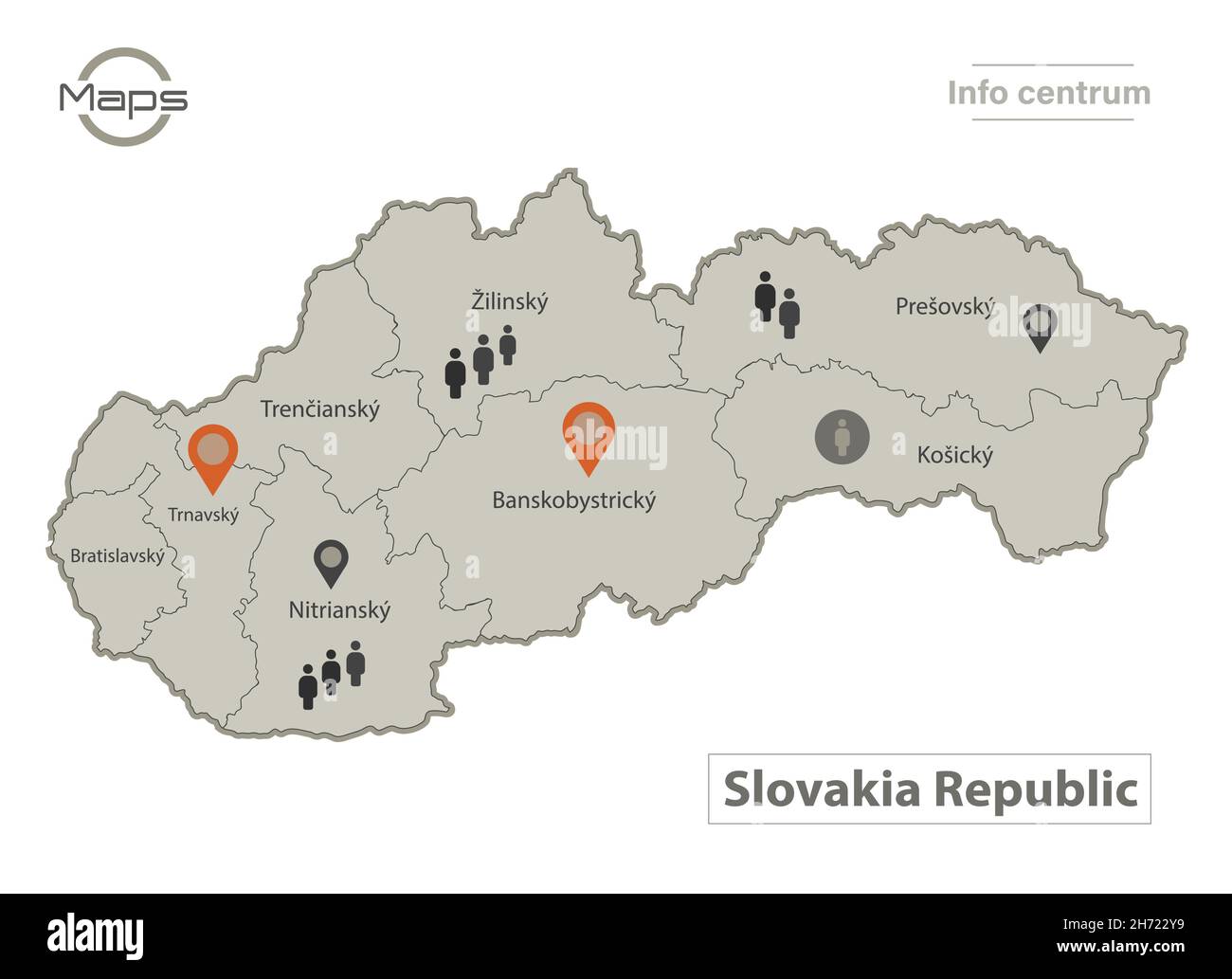 Slowakische Karte, einzelne Regionen mit Namen, Infografiken und Symbolvektoren Stock Vektor