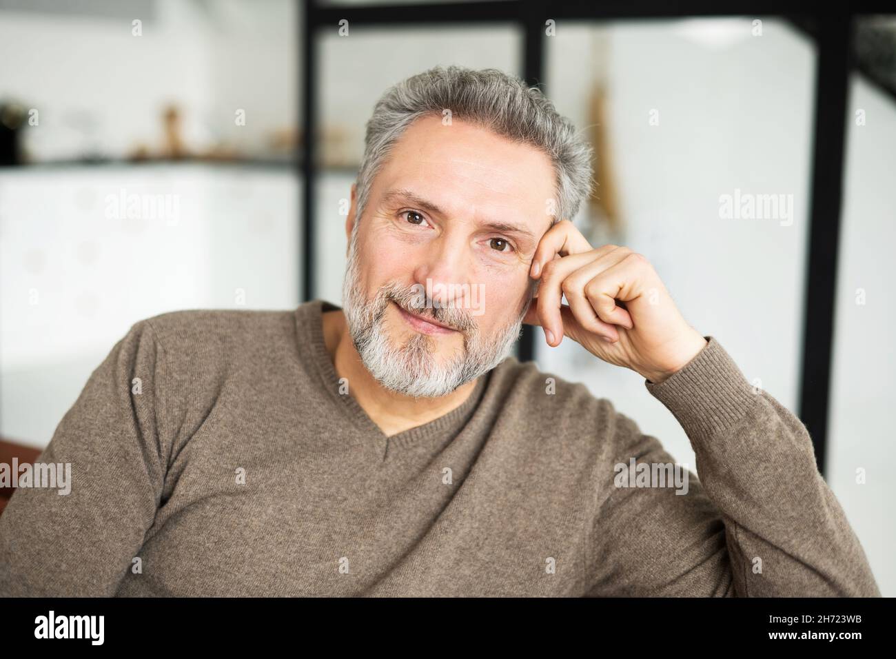Porträt eines attraktiven, charismatischen, reifen Mannes, der die Kamera anschaut. Ein hübscher grauhaariger bärtiger Rüde in legerer Kleidung sitzt in entspannter Pose im Innenbereich, mit Kopfschuss Stockfoto