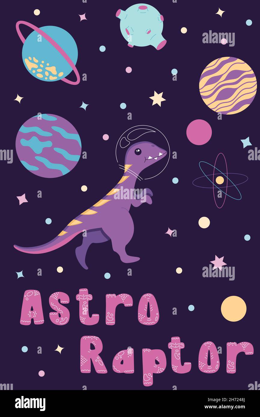 Postkarte des Astro-Raptors in einem Helm aus einem Raumanzug fliegt durch den Weltraum, Sterne und Planeten. Illustration in einem flachen Stil, isoliert auf einem lila Stock Vektor
