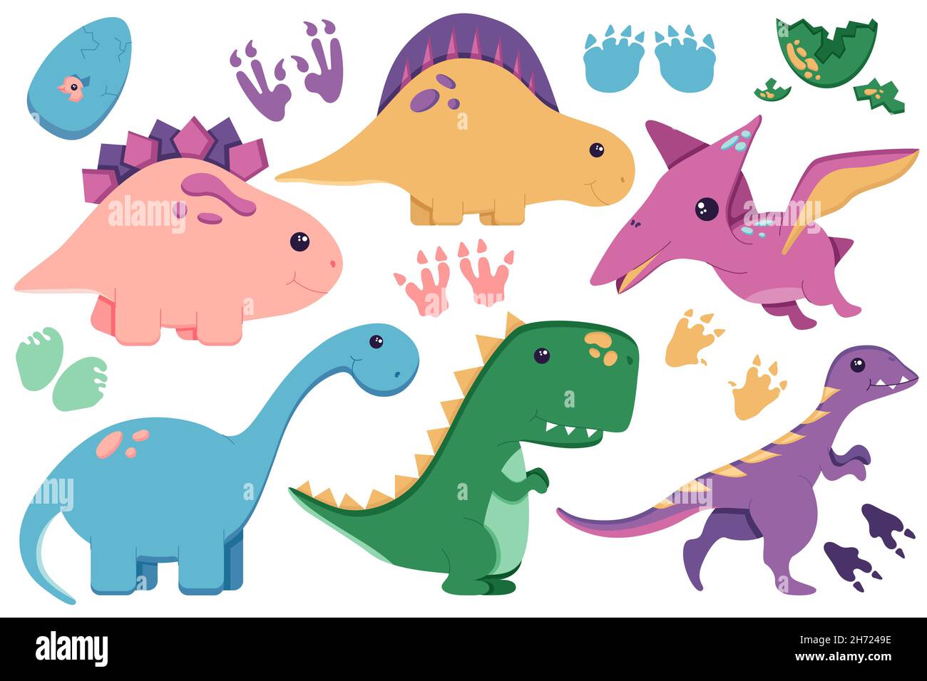 Ein Set niedlicher Dinosaurier zum Dekorieren des Kindergartens, Aufkleber aus der Mesozoikum-Ära für Kinder, Tyrannosaurus, Pterodactyl, Stegosaurus, Brachiosaurus, Und Stock Vektor