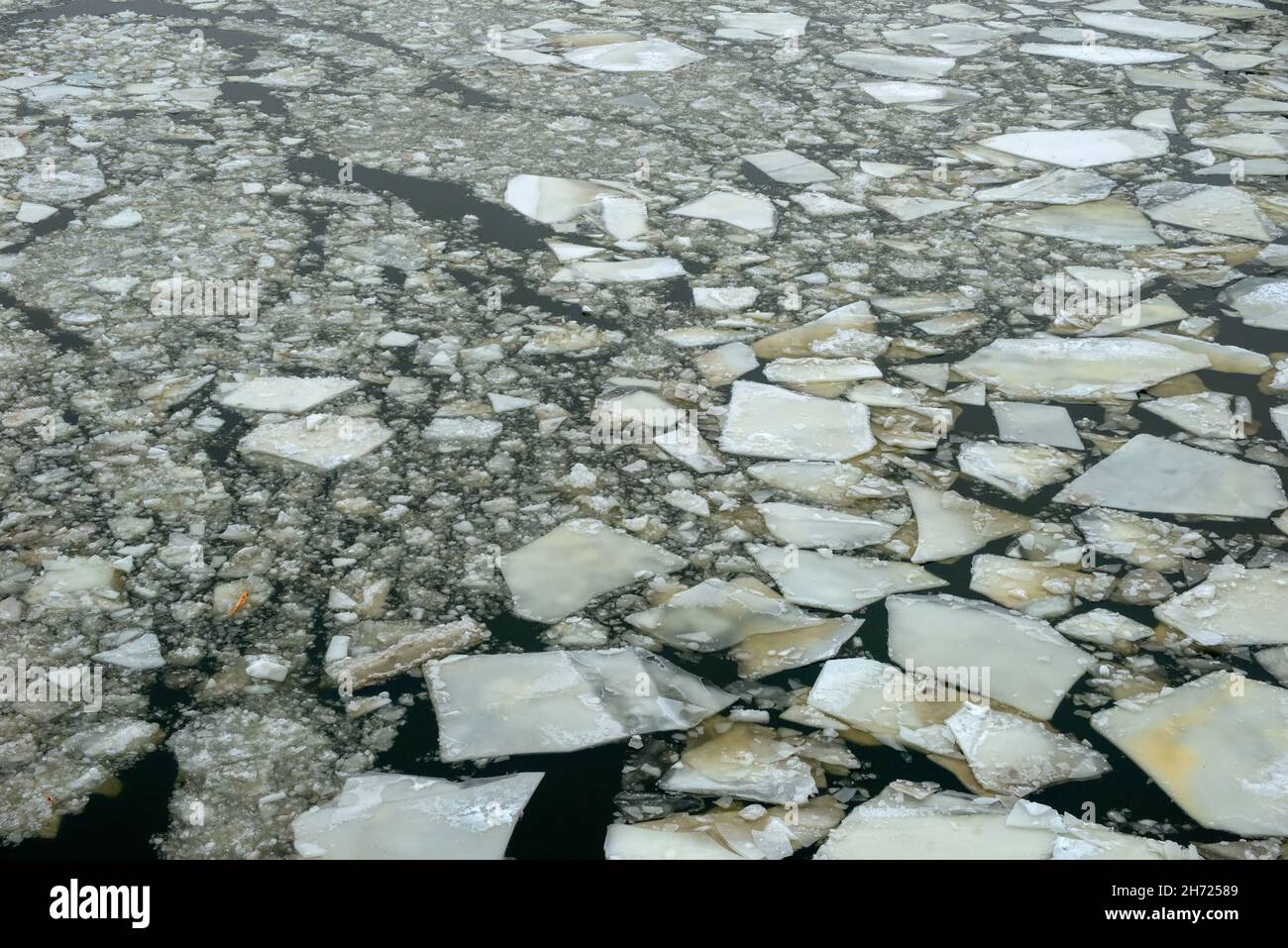 Eis schmilzt auf dem Fluss. Eisriss. Luftaufnahme. Der Frühling ist neblig am Morgen. Stockfoto