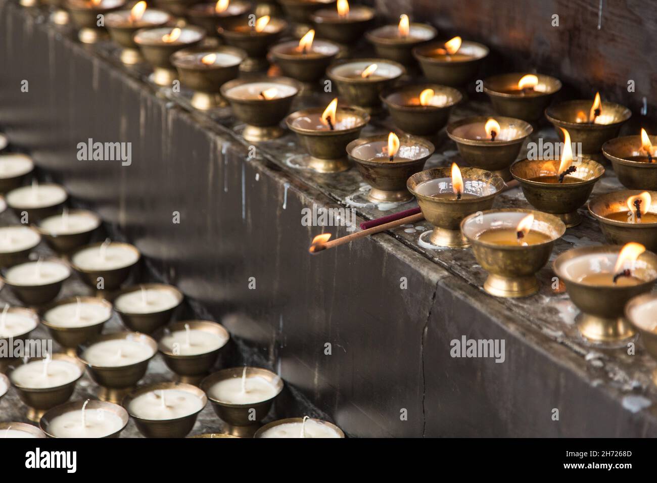 Yak Butter Votivkerzen brennen im Dechen Phodrang Kloster in Thimphu, Bhutan. Stockfoto