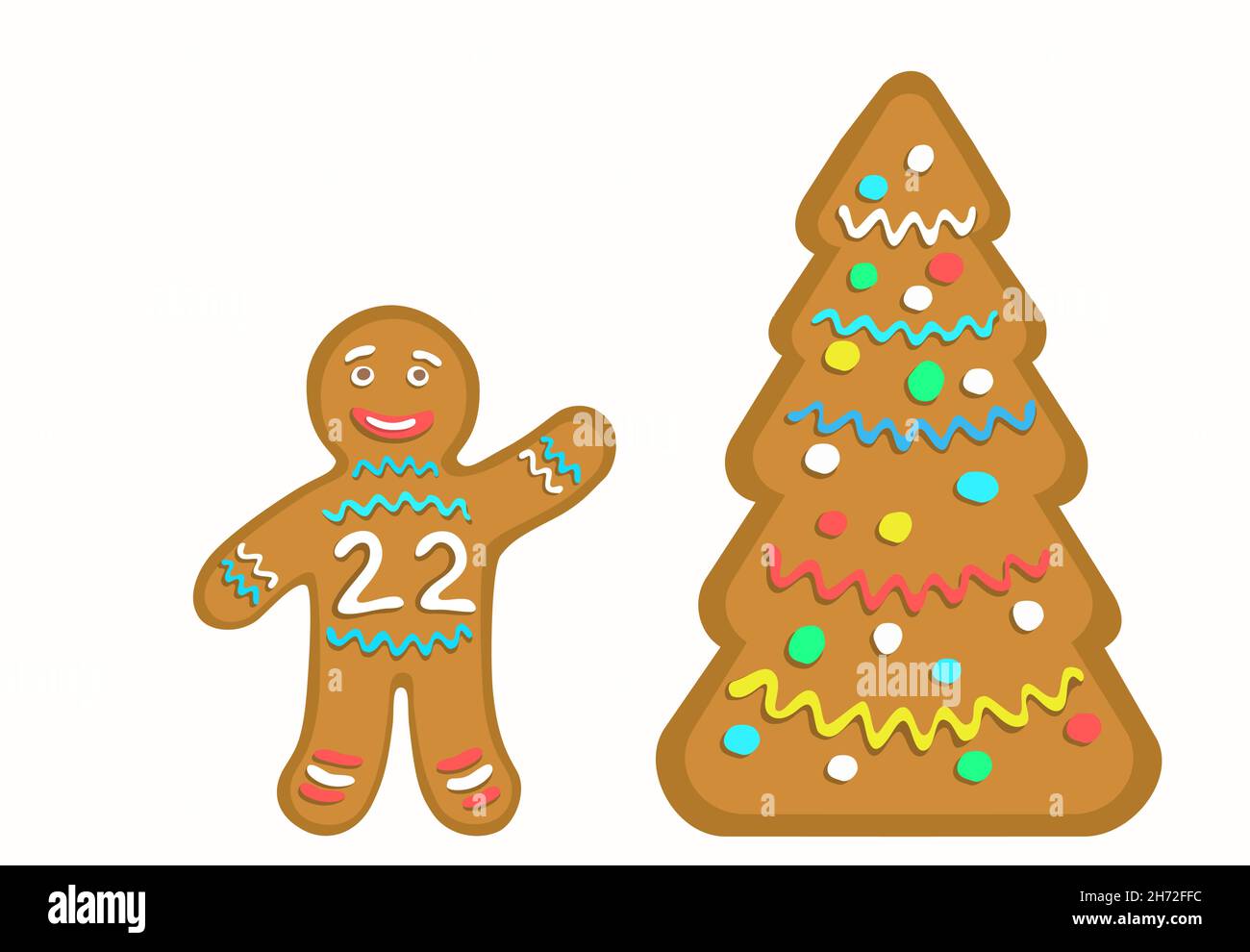 Der Lebkuchenmann mit Nummer 22 und stilisiertem Cookie-Weihnachtsbaum. Stock Vektor