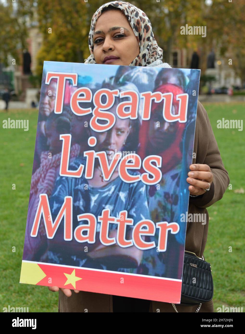 London, Großbritannien. 19th. November 2021. Ein Protestant aus Tigray hält während der Demonstration ein Plakat.Tigray protestierten auf dem Parliament Square in London, um Aktionen der äthiopischen Regierung gegen die Bevölkerung der Tigray anzuprangern. (Foto von Thomas Krych/SOPA Images/Sipa USA) Quelle: SIPA USA/Alamy Live News Stockfoto