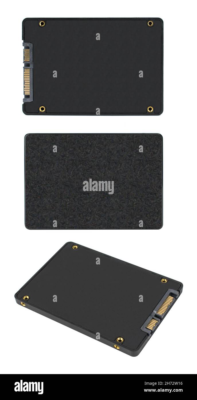 Solid-State Drive auf weißem Hintergrund isoliert, eine Collage aus drei Projektionen Blick von einer Seite von der anderen Seite und Blick aus einem Winkel Stockfoto